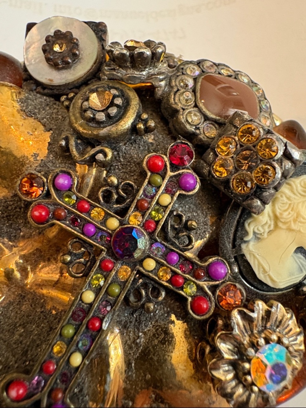 Vintage Gold-Tone Mixed Stone Cross Belt Buckle with Pink and Amber Accents - Picture 4 of 5